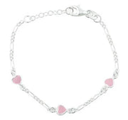 Rhodium silver bracelet w/3 hearts w/pink enamel