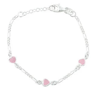 Rhodium silver bracelet w/3 hearts w/pink enamel