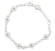 Rhodium silver bracelet w/6 flowers w/pink enamel