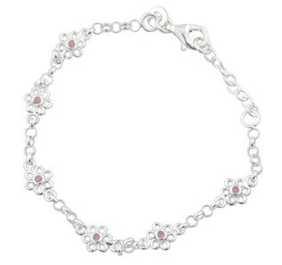 Rhodium silver bracelet w/6 flowers w/pink enamel