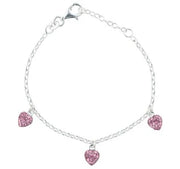 Rhodium silver bracelet w/3 hearts w/pink cz