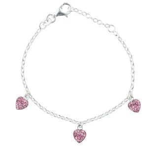 Rhodium silver bracelet w/3 hearts w/pink cz