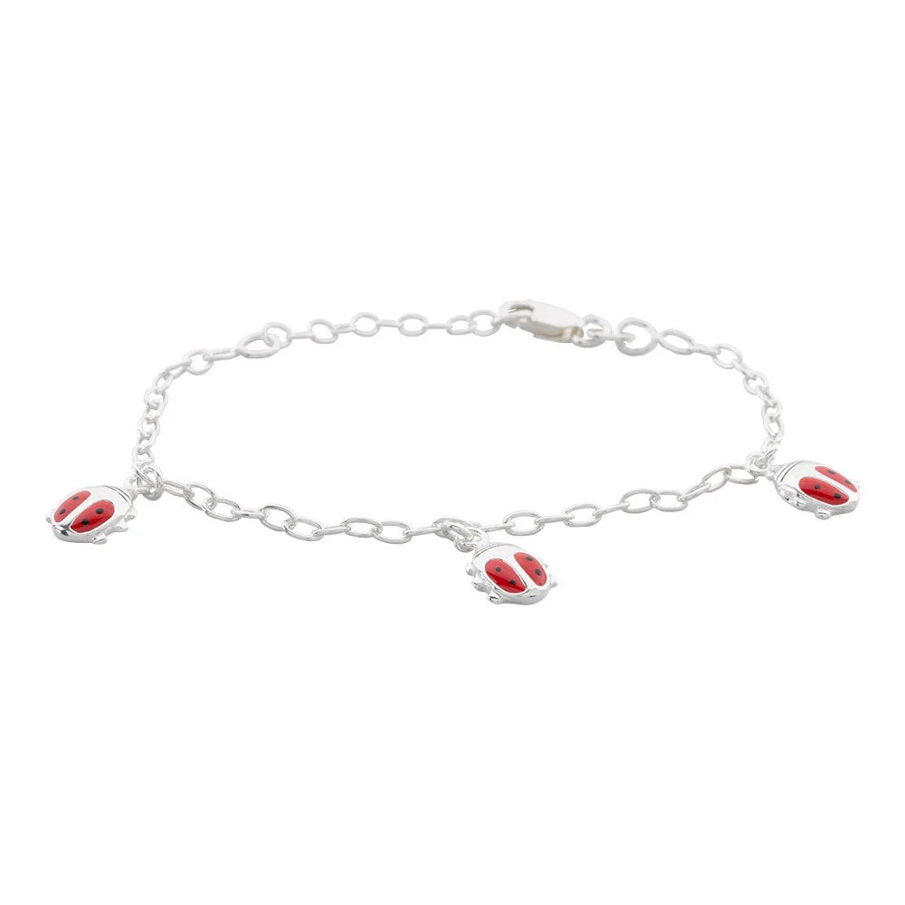 Rhodium silver bracelet w/3 ladybugs