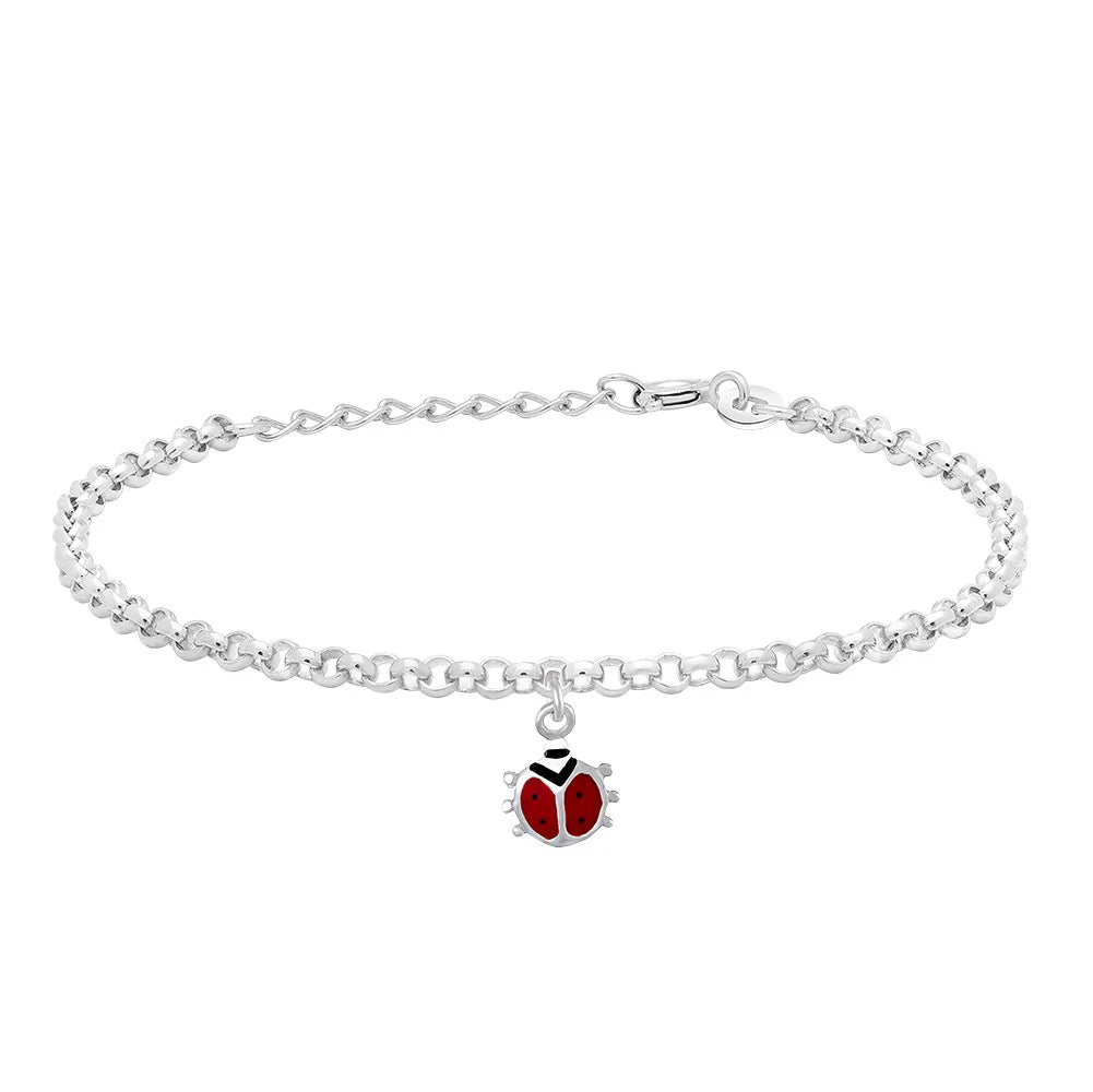 Rhodium silver bracelet w/ladybug and enamel