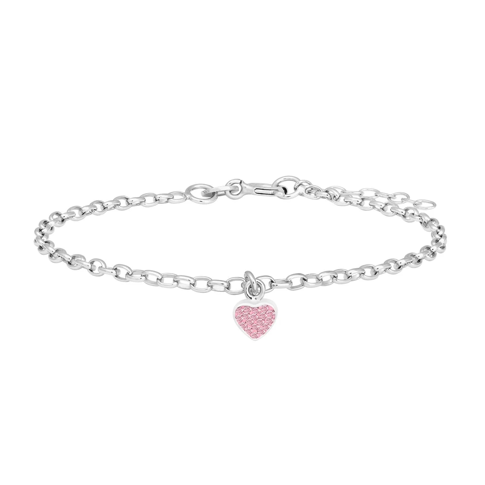 Rhodium silver bracelet w/heart and pink cz