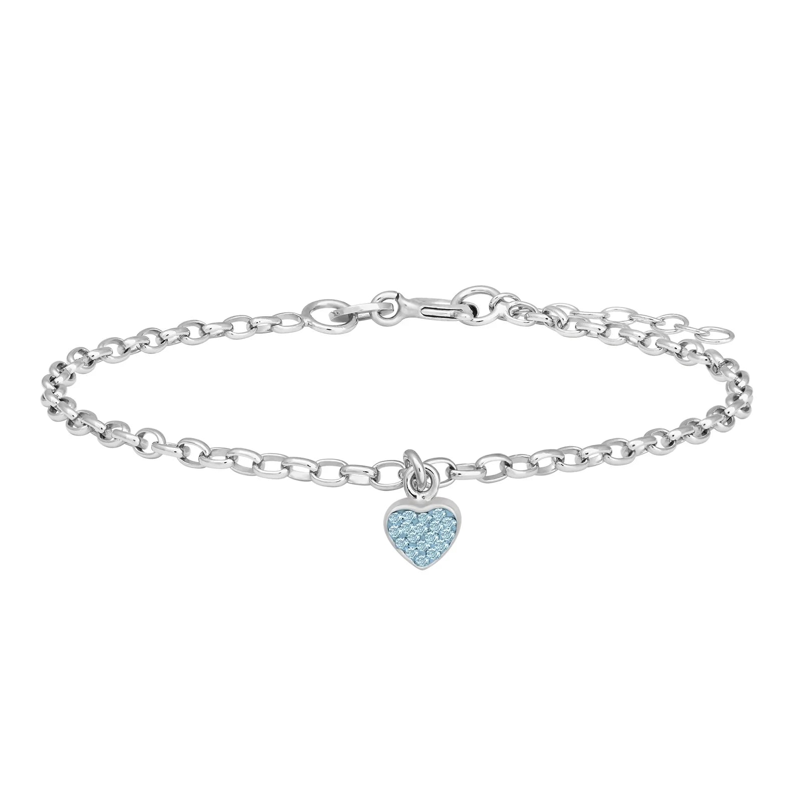 Rhodium silver bracelet w/heart and blue cz