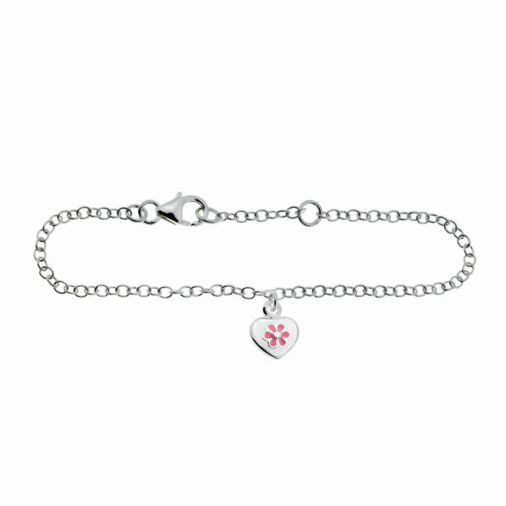 Rhodium silver bracelet heart w/flower and enamel