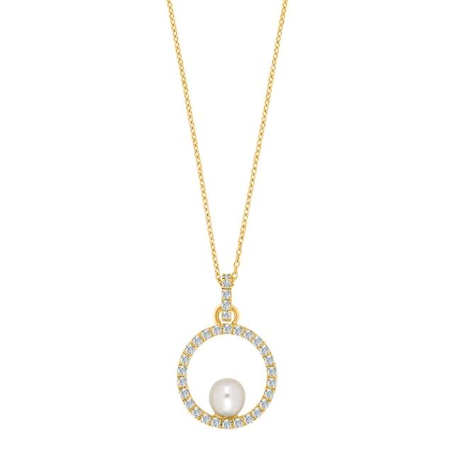 8kt. guldvedhæng cirkel m/ferskvandsperle cz. Inl - Urma.dk