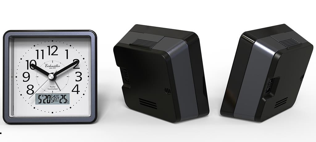 Radiostyret vækkeur med visere og digital display.