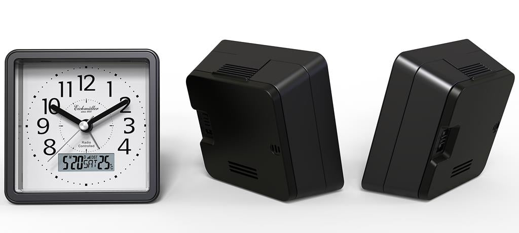Radiostyret vækkeur med visere og digital display.