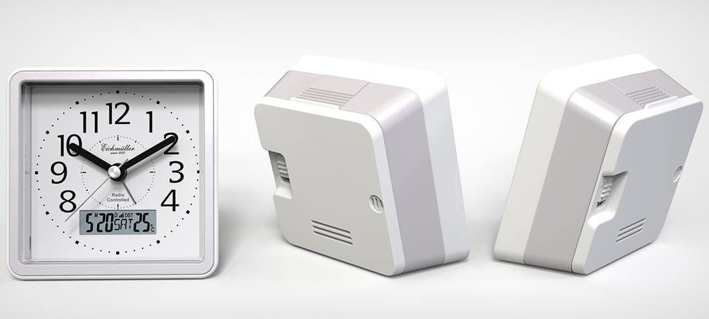 Radiostyret vækkeur med visere og digital display.