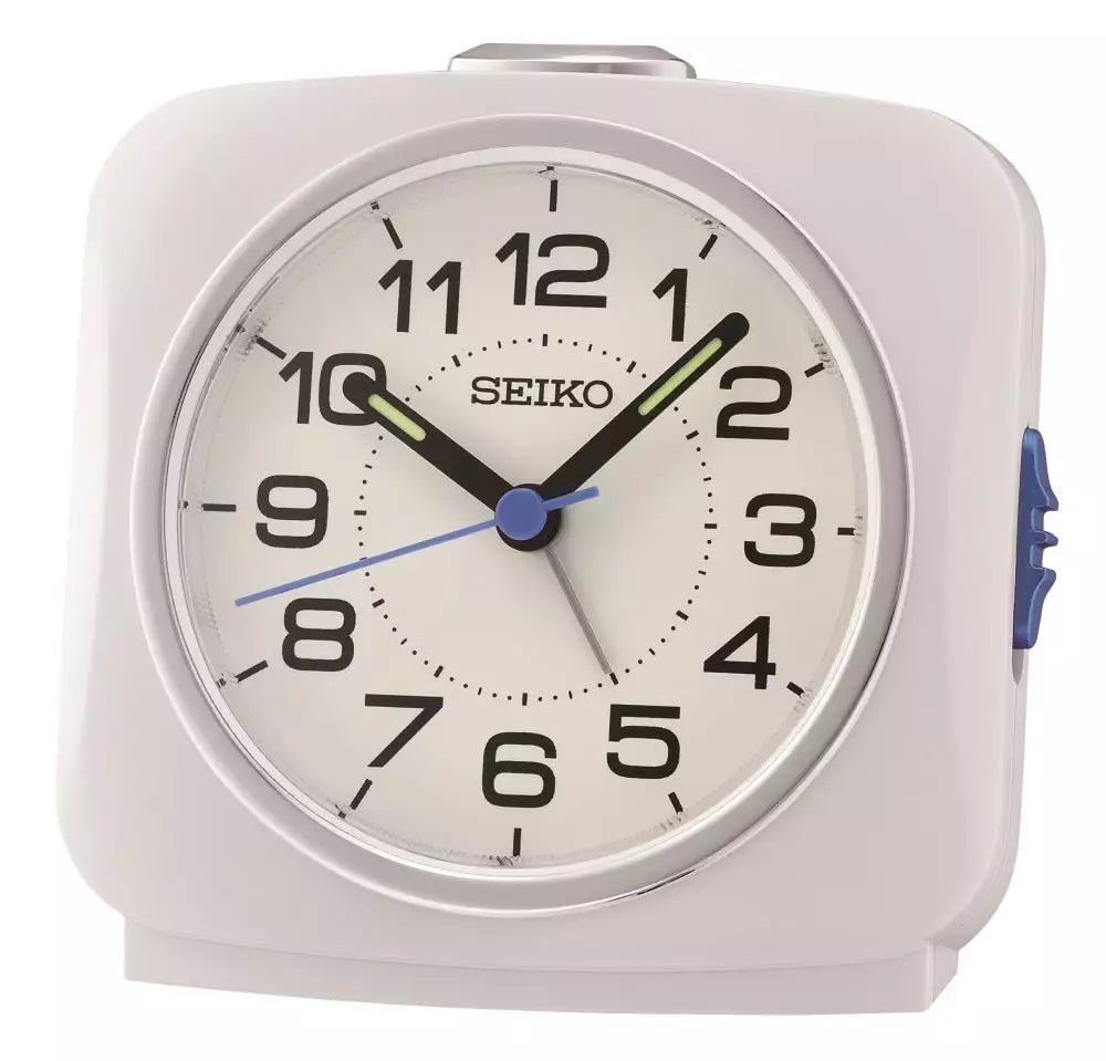 Seiko vækkeur med lys, snooze og lydløs sekundviser - Hvid - 9,5 x 9,4 x 6,6 cm