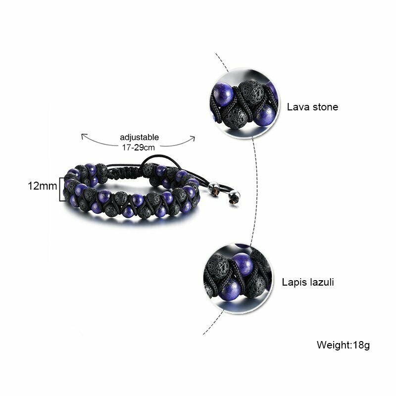 Armbånd flettet med 2 rækker stene. Lava og Lapis