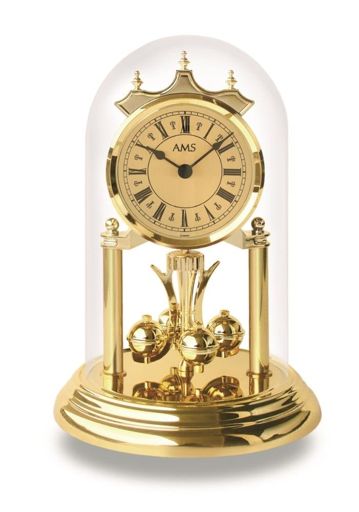 Årsur, forgyldt, i rundt glas kuppel med romertal. - Urma.dk