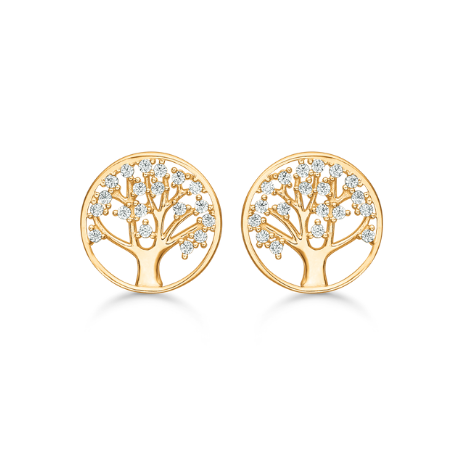 14 kt. guld ørestikker cirkel med livets træ og syntetiske cubic zirconia.