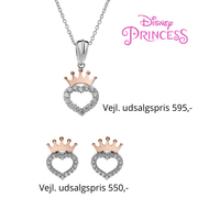 Disney Princess smykkesæt halskæde og ørestikker i sølv med rosa krone og hjerte med cubic zirconia sten. - Urma.dk