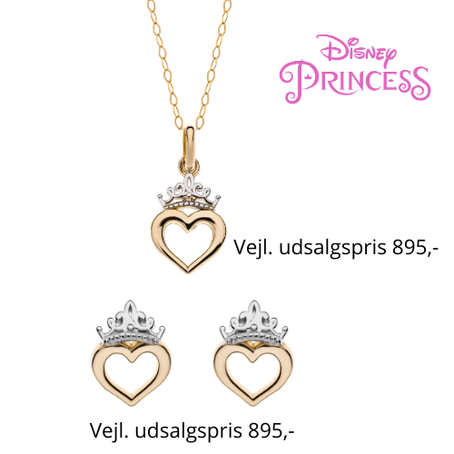 Disney smykkesæt halskæde og ørestikker i 9 kt. guld med krone med hjerte. Kæden er sølvforgyldt i længde 38 cm. - Urma.dk