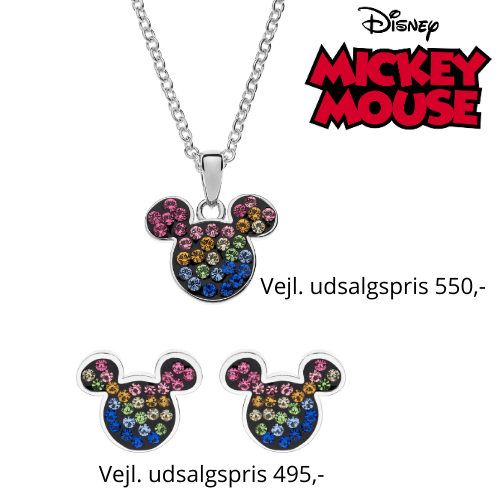 Disney smykkesæt med halskæde og ørestikker i sølv med Mickey Mouse med forskellige farver. - Urma.dk
