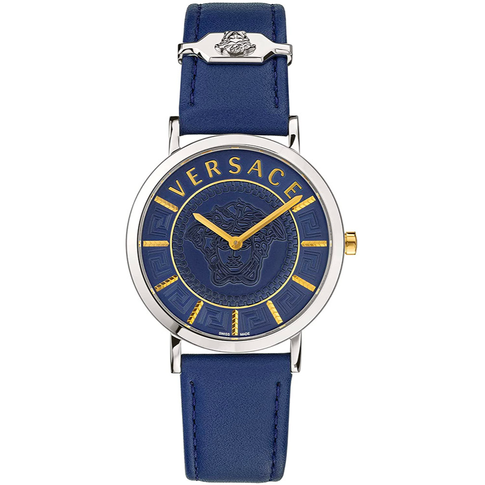 Versace Dame Rustfrit Stål Sølvgrå Blå Læder Ur VEK400121