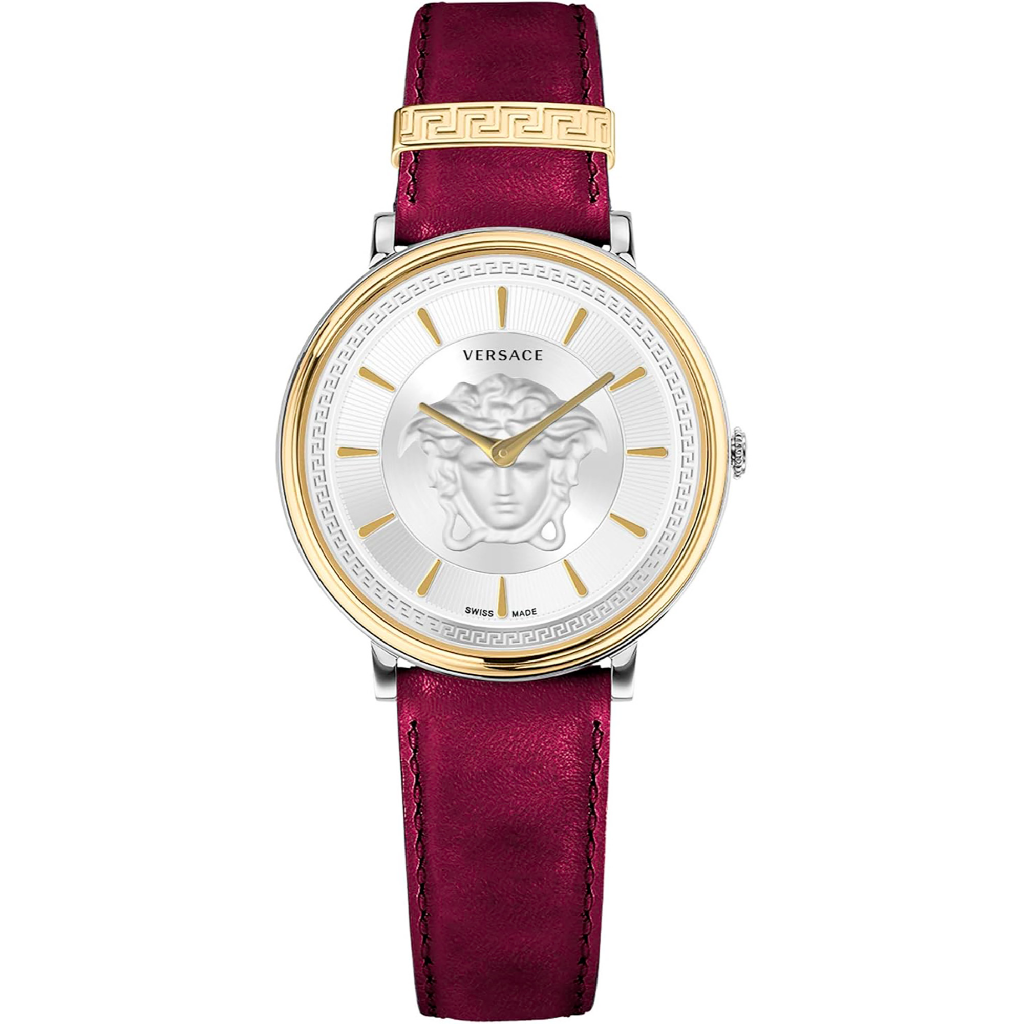 Versace Dame Rustfrit Stål Sølvgrå Guld Rød Læder Ur VE8101819