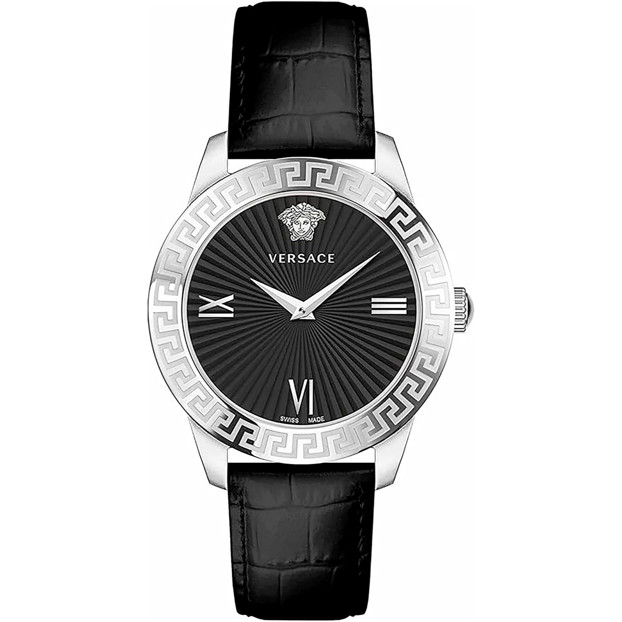 Versace Dame Rustfrit Stål Sølvgrå Sort Læder Ur VEVC00821