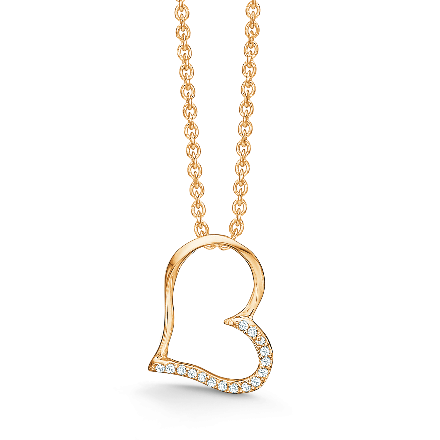 Sølvforgyldt halskæde skæv hjerte med syntetiske cubic zirconia i nederste kant. Kæden er længde 42-45 cm.