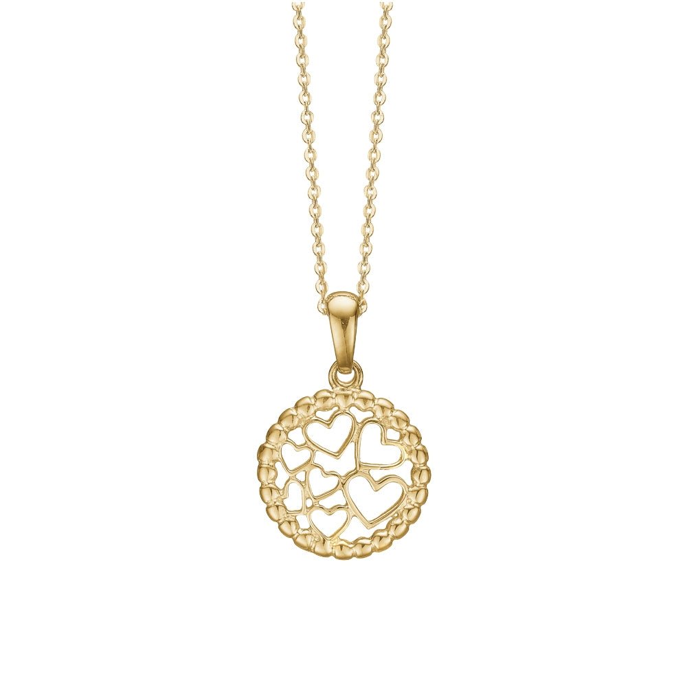 Forgyldt Sølv halskæde med vedhæng cirkel formet med små hjerter Ø14 mm - Urma.dk