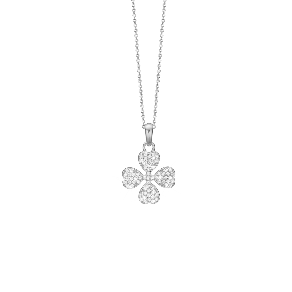Halskæde firkløver m/CZ, sølv