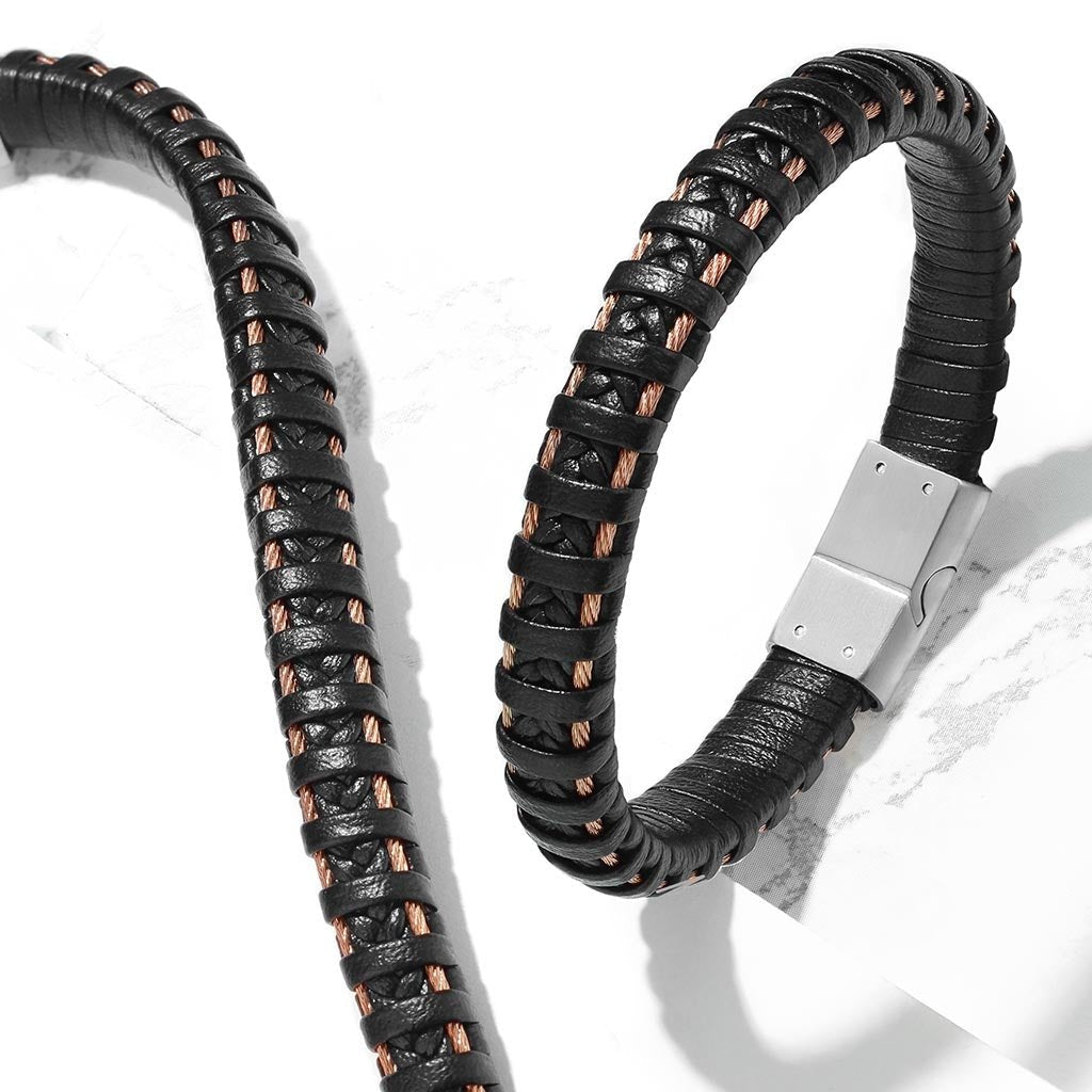 Herrearmbånd i læder med rosa stål 20 cm - Urma.dk
