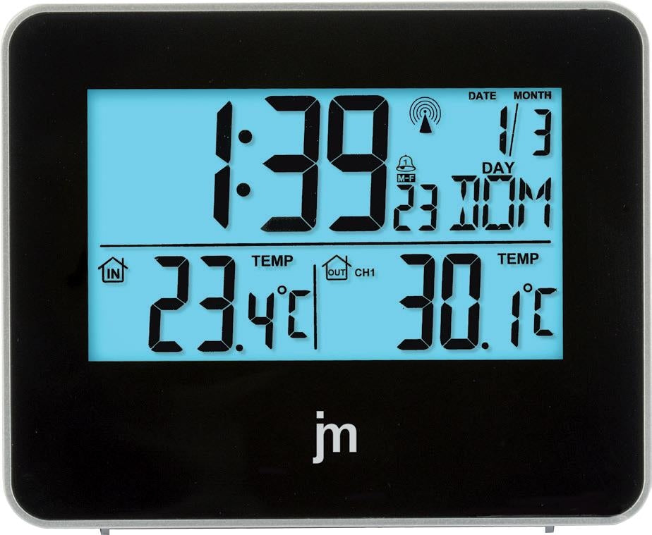 Vækkeur med vejrstation, radiostyret med indvendig og udvendig temperatur.