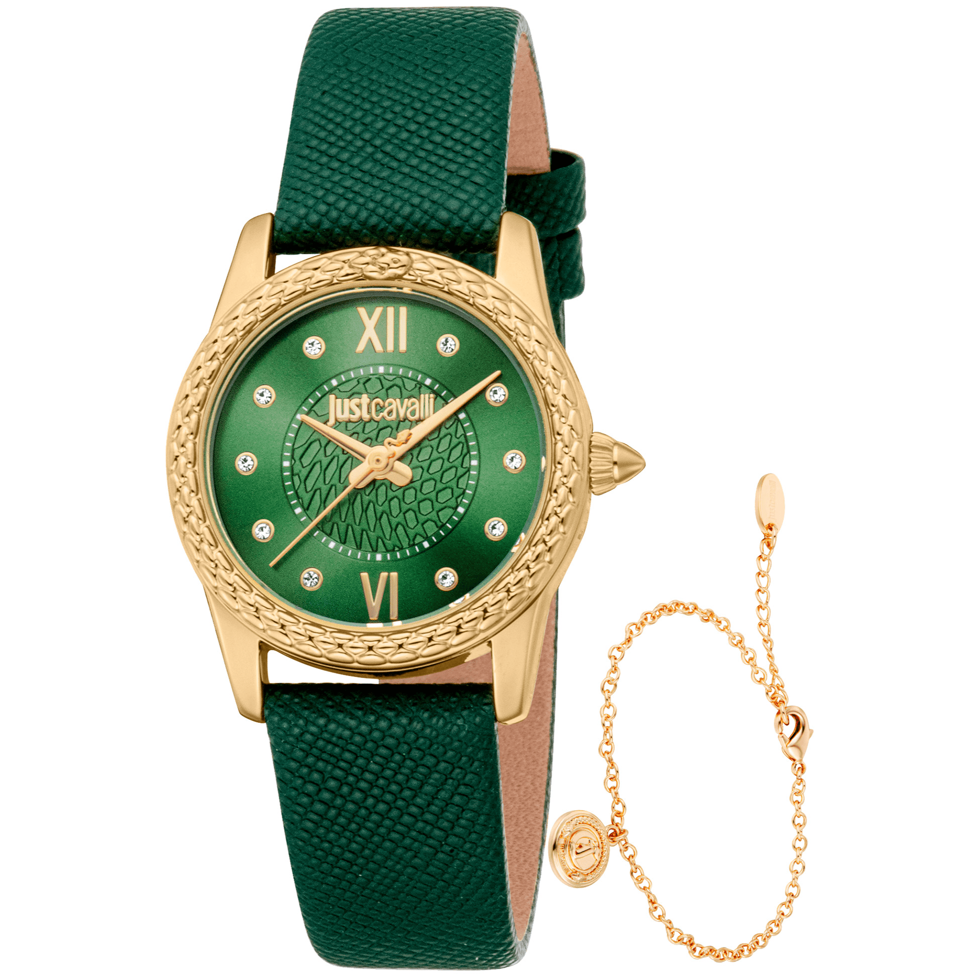 Just Cavalli Dame Grøn Guld Læder Ur JC1L360L0025 - Urma.dk