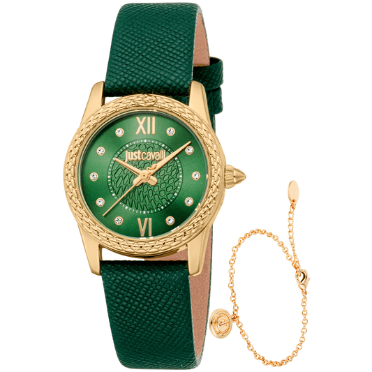 Just Cavalli Dame Grøn Guld Læder Ur JC1L360L0025 - Urma.dk