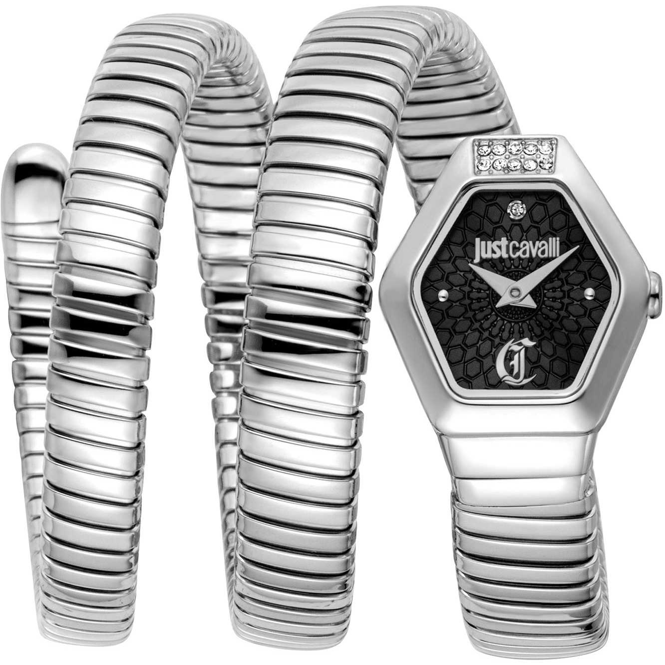 Just Cavalli Dame Ur Rustfrit Stål Sølv Sort Snake JC1L395M0015 - Urma.dk