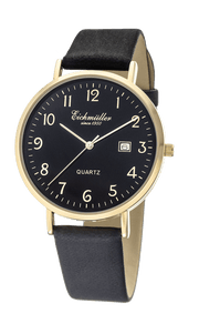 Klassisk herreur med gylden urkasse, sort skive og sort læderrem - Urma.dk