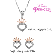 Disney Princess smykkesæt halskæde og ørestikker i sølv med rosa krone og hjerte med cubic zirconia sten.