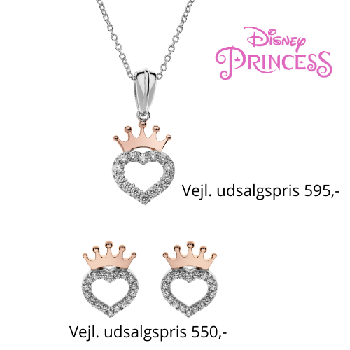 Disney Princess smykkesæt halskæde og ørestikker i sølv med rosa krone og hjerte med cubic zirconia sten.