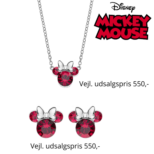 Disney smykkesæt halskæde og ørestikker i sølv med Minnie Mouse i rød med hvid sløjfe.