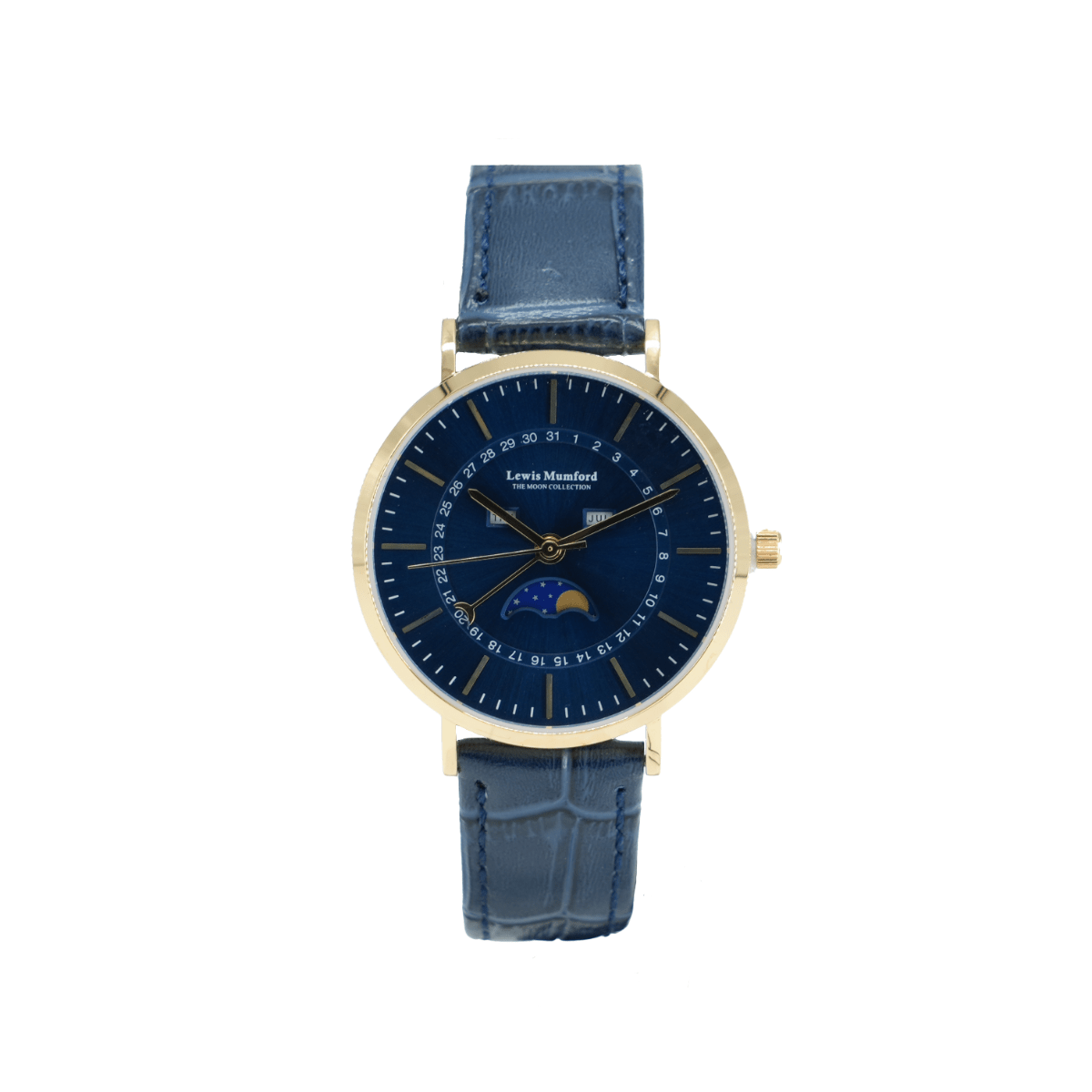 Lewis Mumford herreur gylden urkasse, månefase og rem - 42 mm - Urma.dk