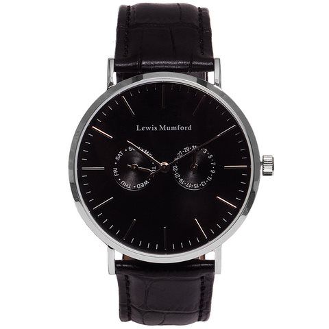 Lewis Mumford sort med læderrem - 38 mm - Urma.dk