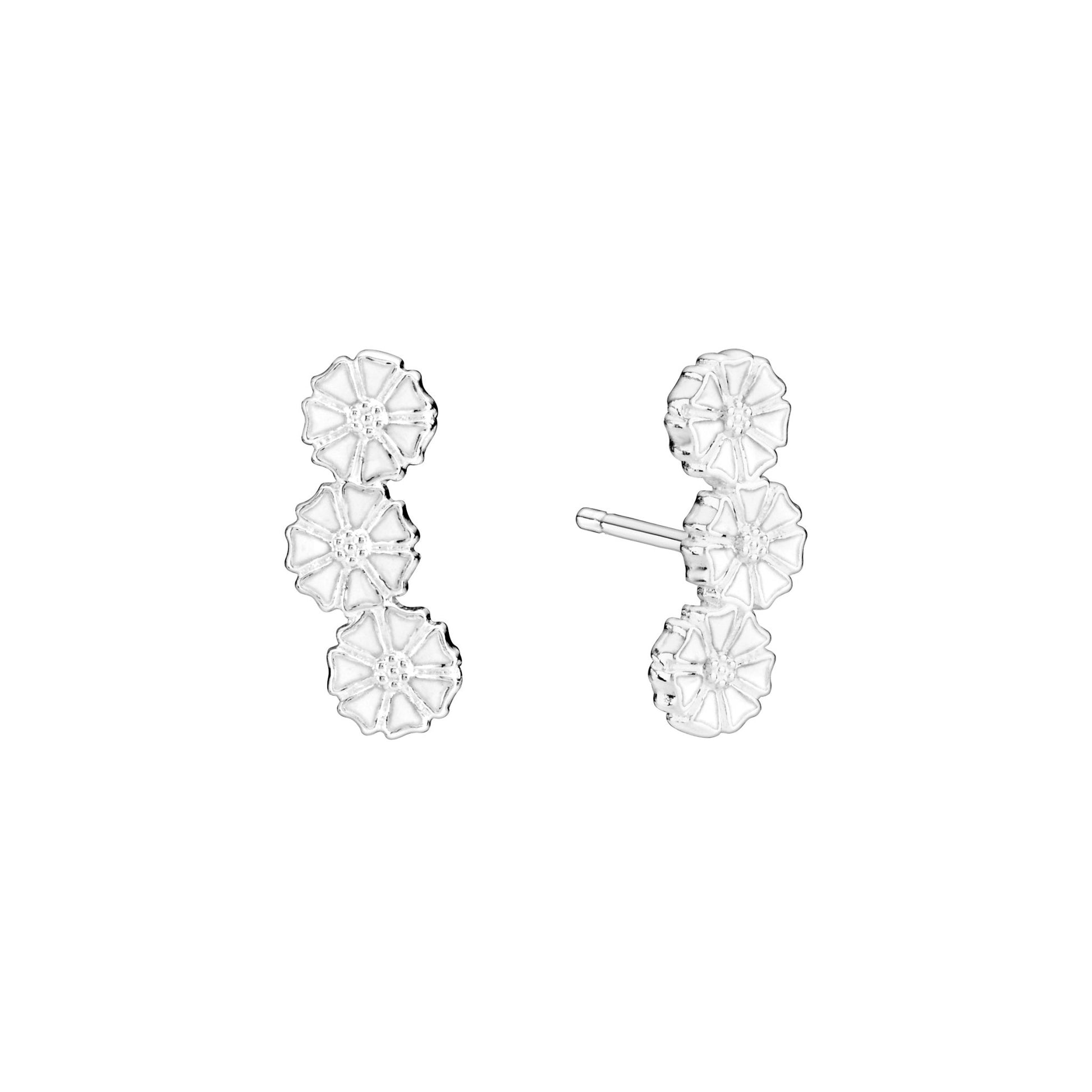 Marguerit ørestikker med 3 margueritter, Sølv/Hvid 3x5 mm - Urma.dk