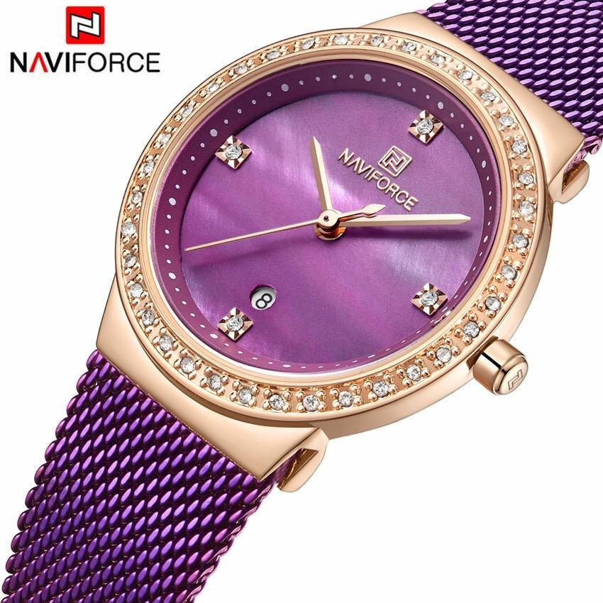 Naviforce dameur med lilla meshlænke, stene og lilla perlemors urskive - Urma.dk