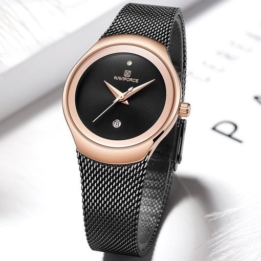 Naviforce dameur med meshlænke - sort og rosaforgyldt - Urma.dk