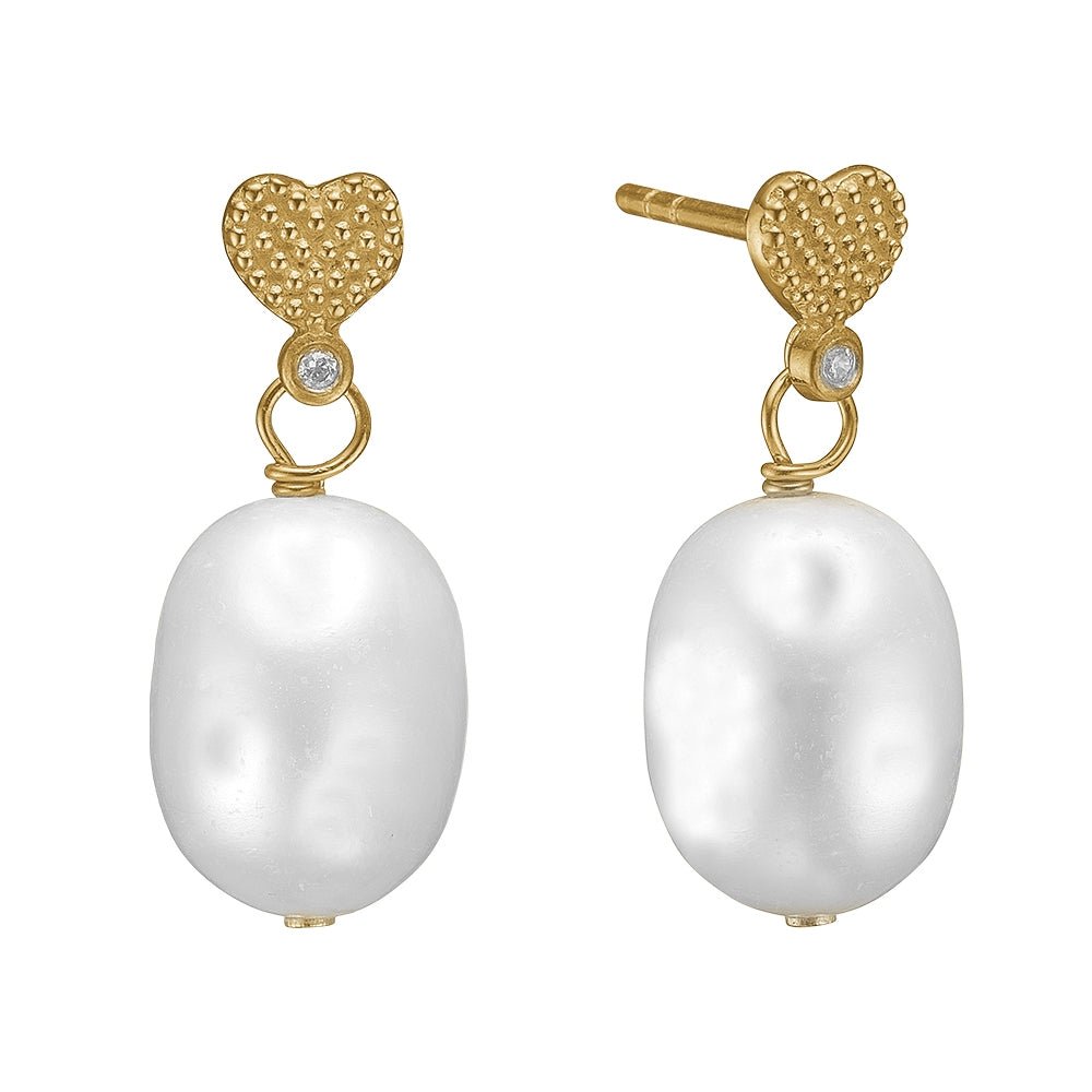 Ørehængere i 8 kt guld med barok perle og zirconia - Urma.dk