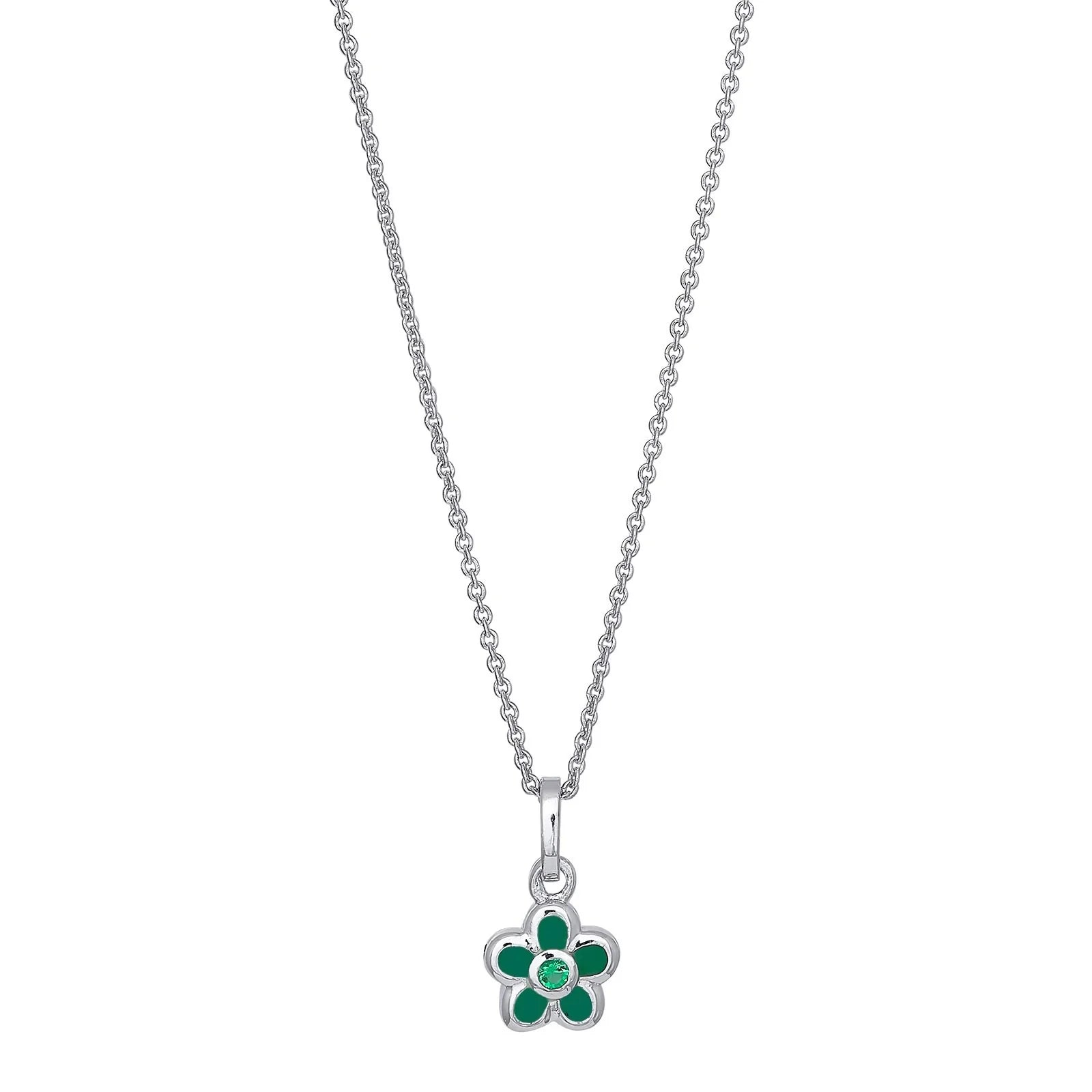 Rhod. Sølv blomst grøn emalje + cz kæde 38cm - Urma.dk
