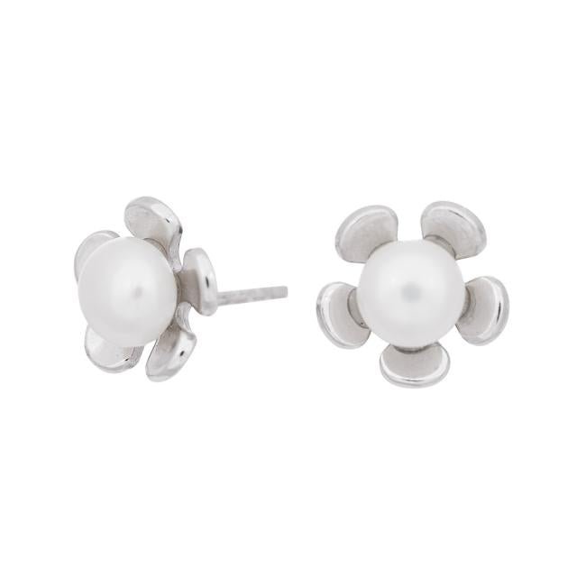 Rhod. sølv ørestikker blomst m/ perle - Urma.dk