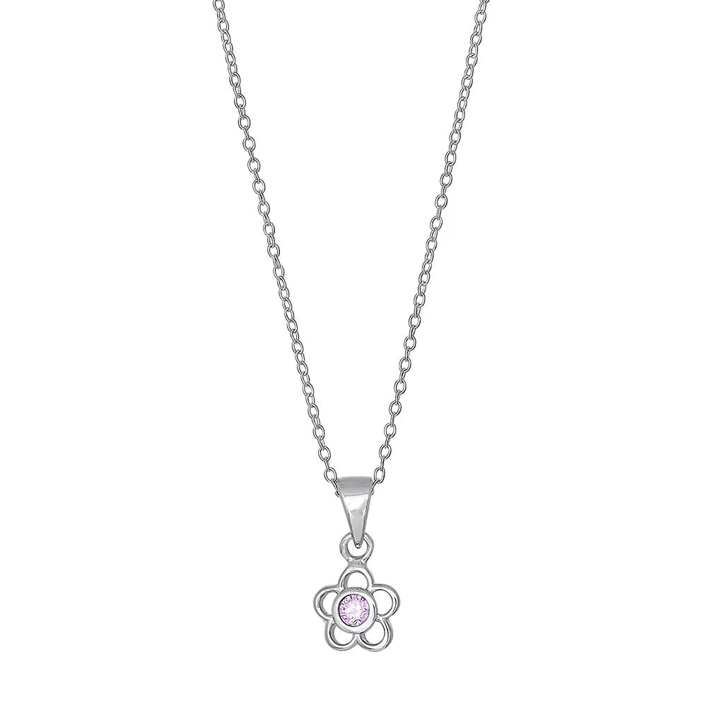 Rhod. sølvvedhæng blomst m/lyserød cz inkl. kæde - Urma.dk