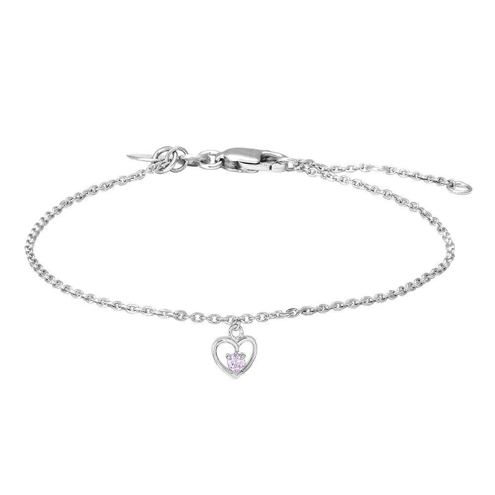 Rhodium silver bracelet heart w/pink cz - Urma.dk