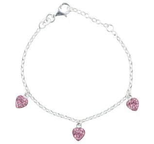 Rhodium silver bracelet w/3 hearts w/pink cz - Urma.dk
