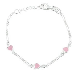 Rhodium silver bracelet w/3 hearts w/pink enamel - Urma.dk