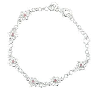 Rhodium silver bracelet w/6 flowers w/pink enamel - Urma.dk
